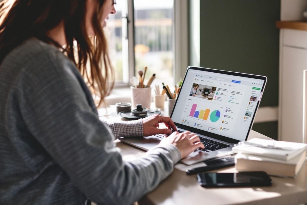 Femme travaillant sur un ordinateur portable avec des graphiques à l'écran