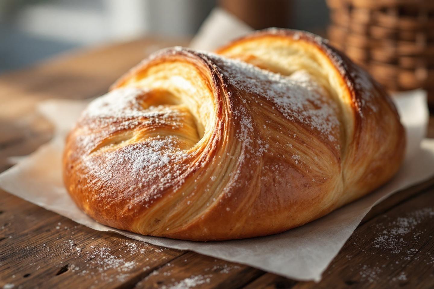 Brioche tressée dorée et croustillante, saupoudrée de sucre en poudre