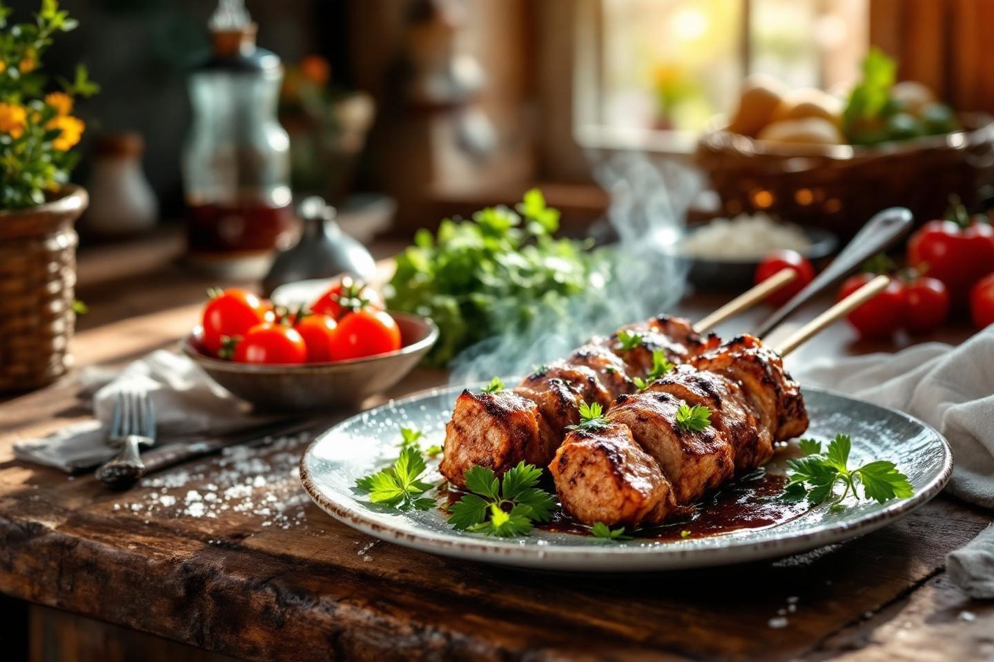 Brochettes de viande fumantes avec tomates et persil frais