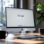 Écran iMac affichant Google avec café et plantes