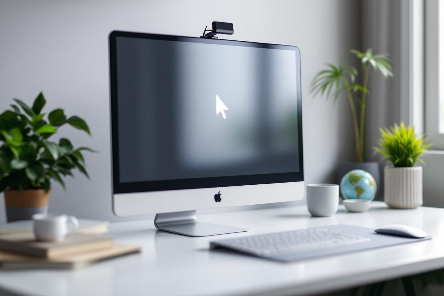 Poste de travail épuré avec ordinateur Apple, plantes et accessoires