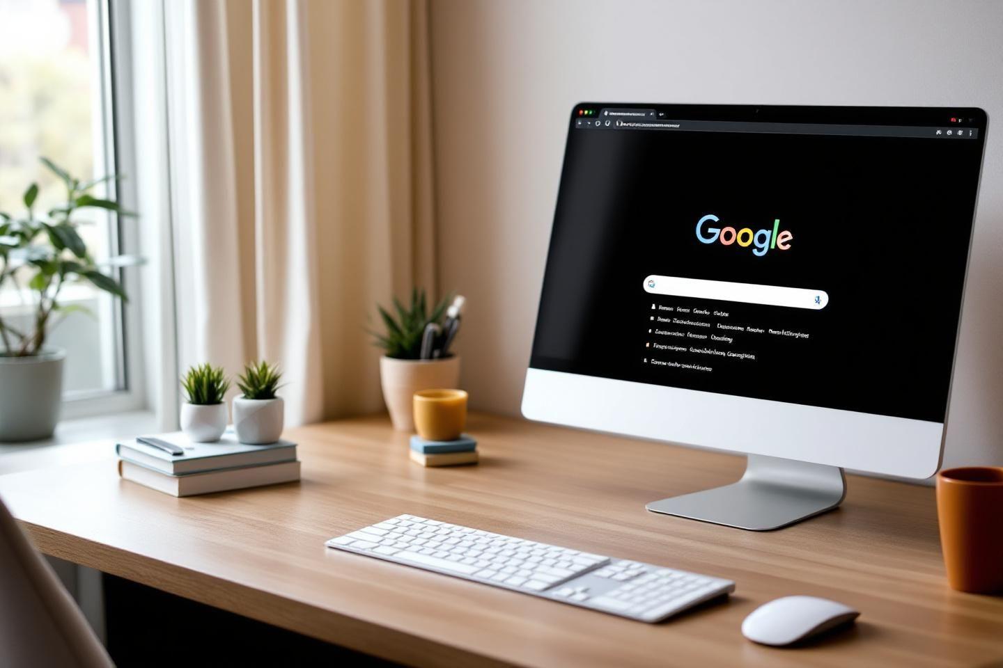 Espace de travail minimaliste avec écran affichant la page Google