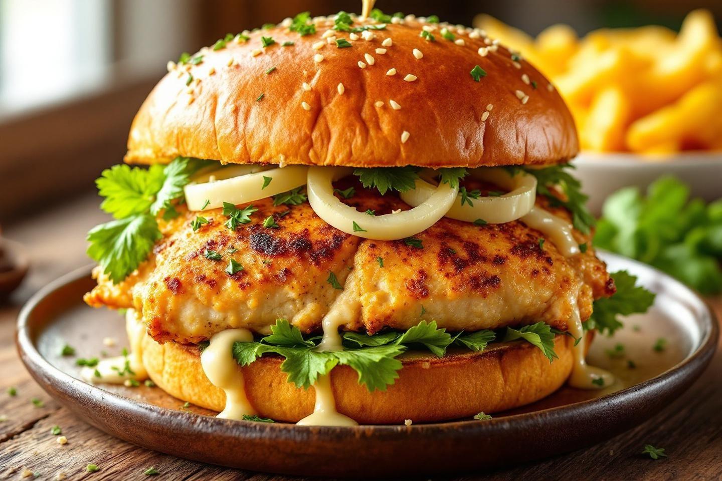 Burger doré garni de poulet grillé et d'oignons