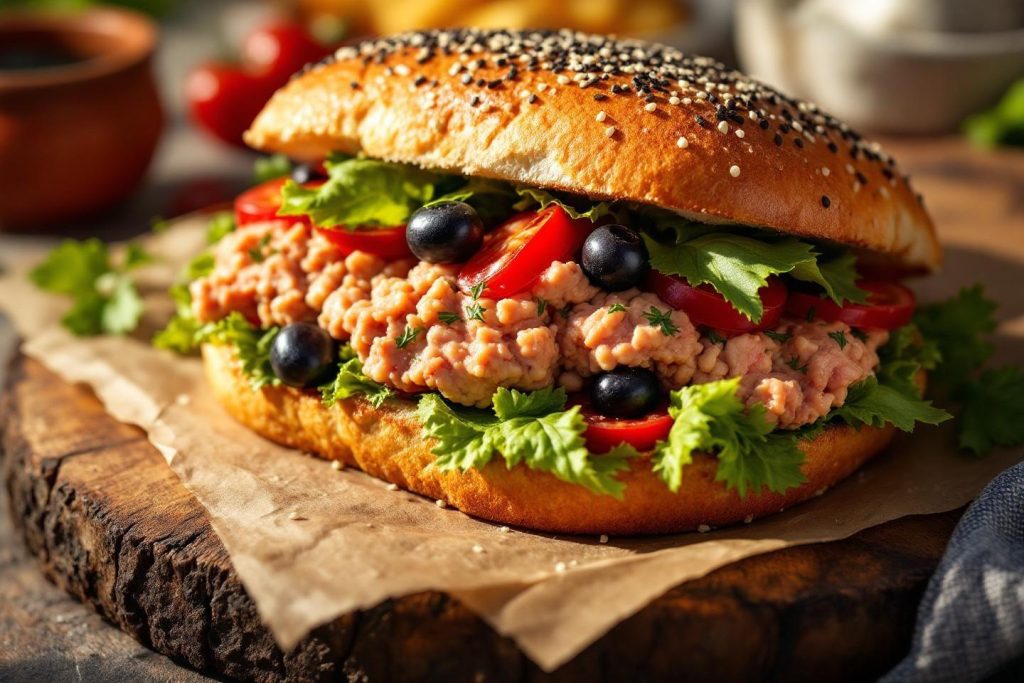 Burger copieux avec salade, olives et viande hachée