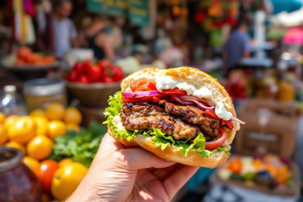 Hamburger frais avec légumes sur fond de marché
