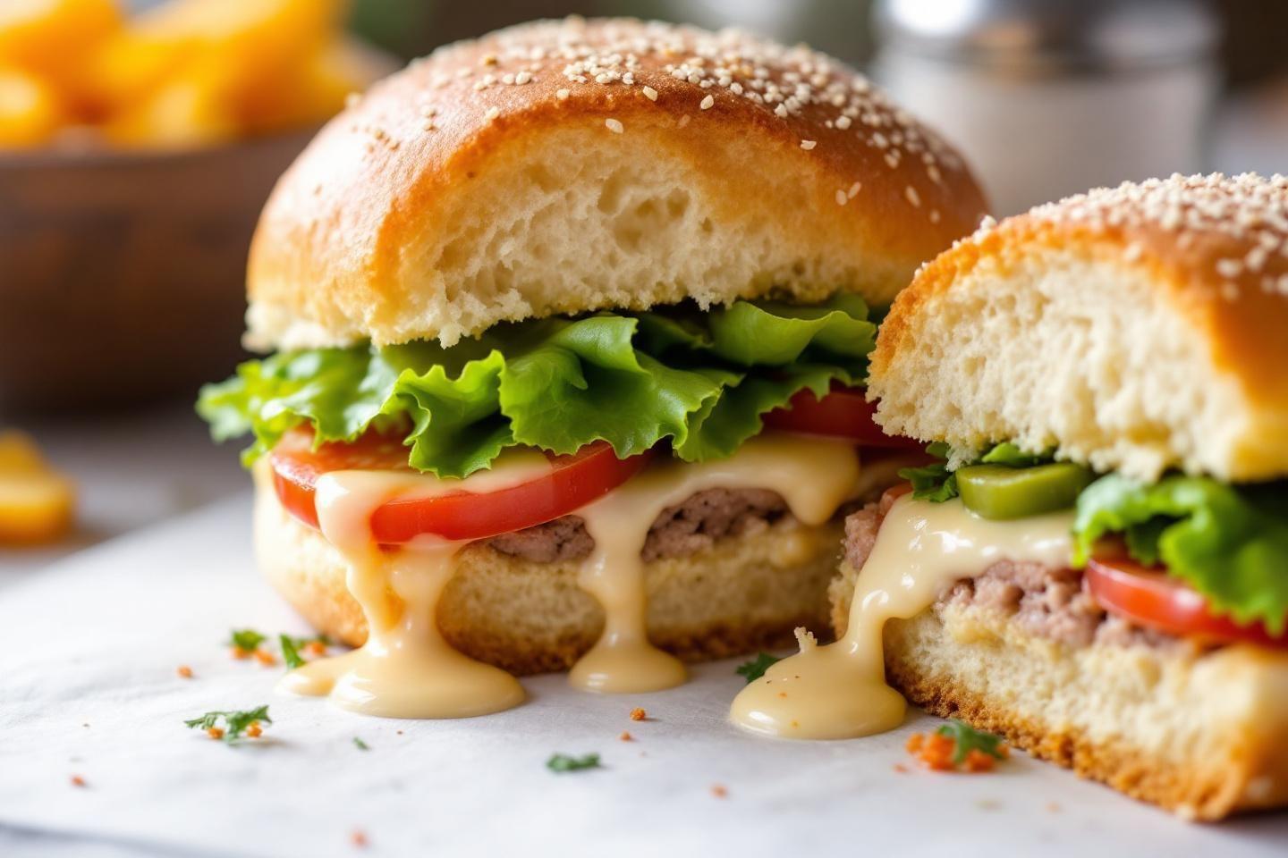 Burger gourmand avec fromage fondu, salade et tomate