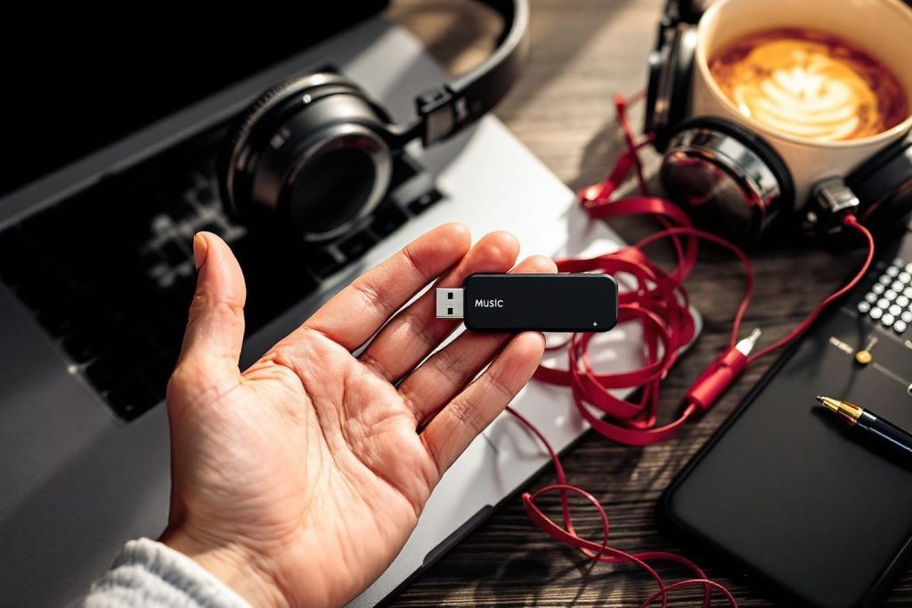 Clé USB musicale sur main, écouteurs et café en arrière-plan