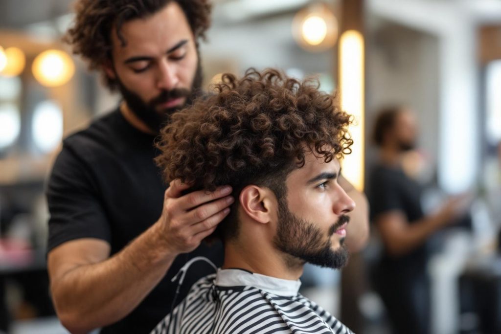 Un coiffeur travaille sur les cheveux bouclés d'un client