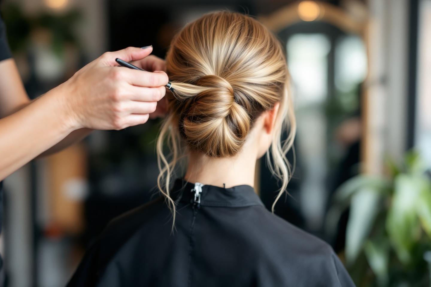 Dos d'une personne avec un chignon blond en préparation