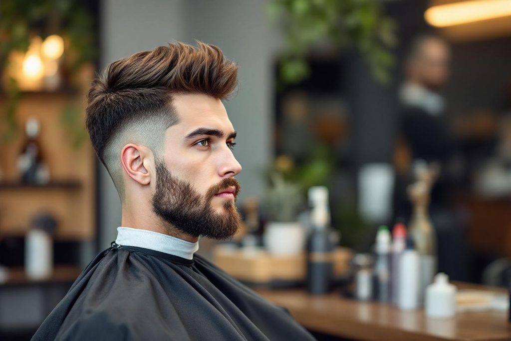 Homme avec coupe dégradée et barbe en salon de coiffure