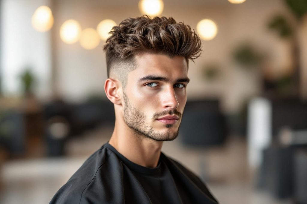 Jeune homme aux cheveux bouclés dans un salon de coiffure