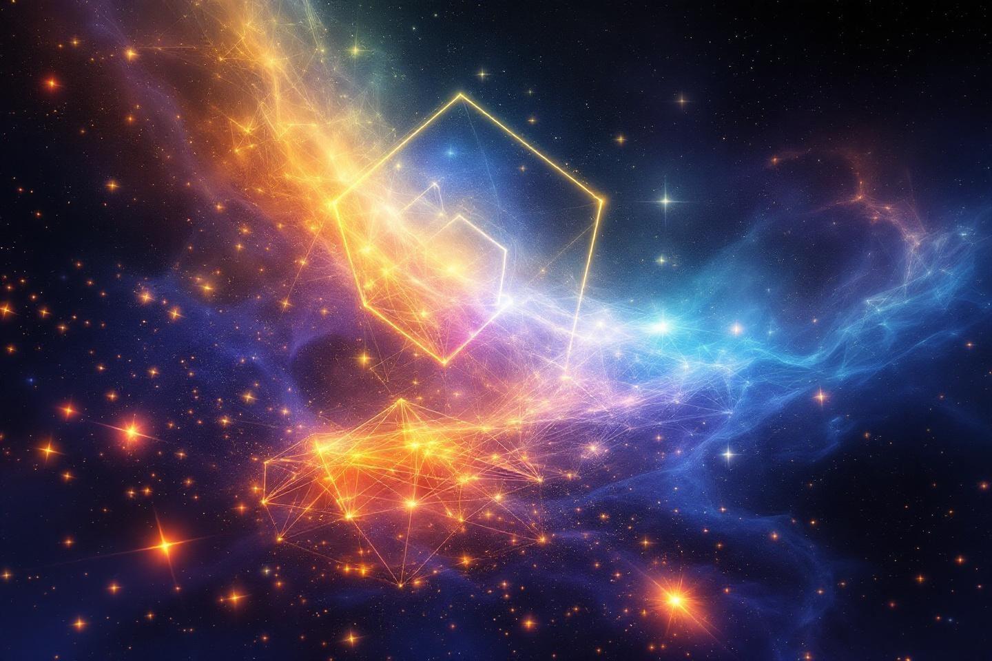 Formes géométriques brillantes dans un espace étoilé multicolore