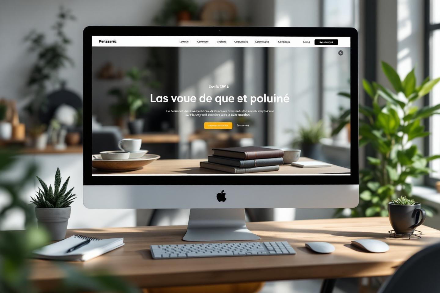 Espace de travail moderne avec iMac et plantes vertes