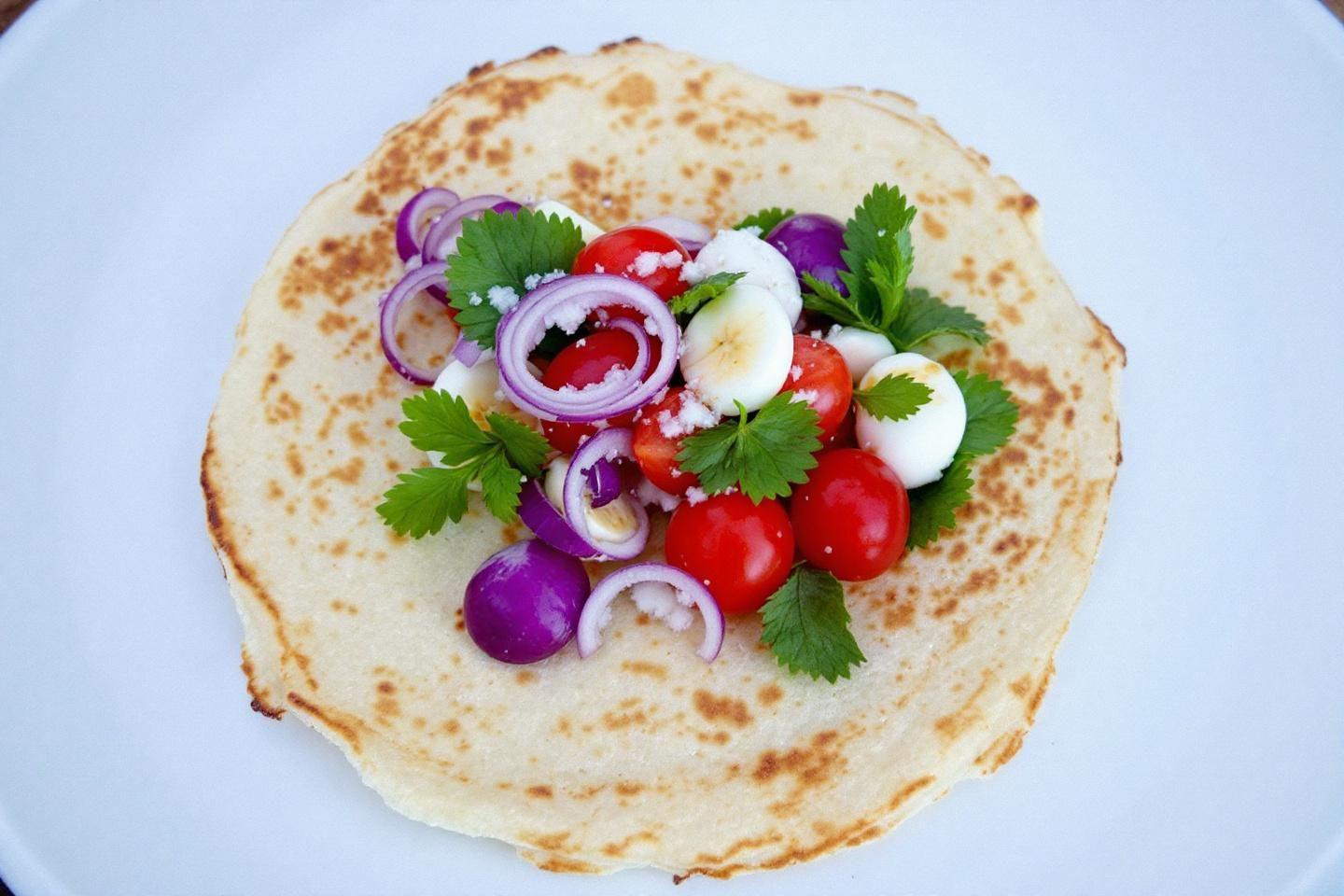 Crêpe épaisse avec garniture de tomates, oignons et herbes fraîches