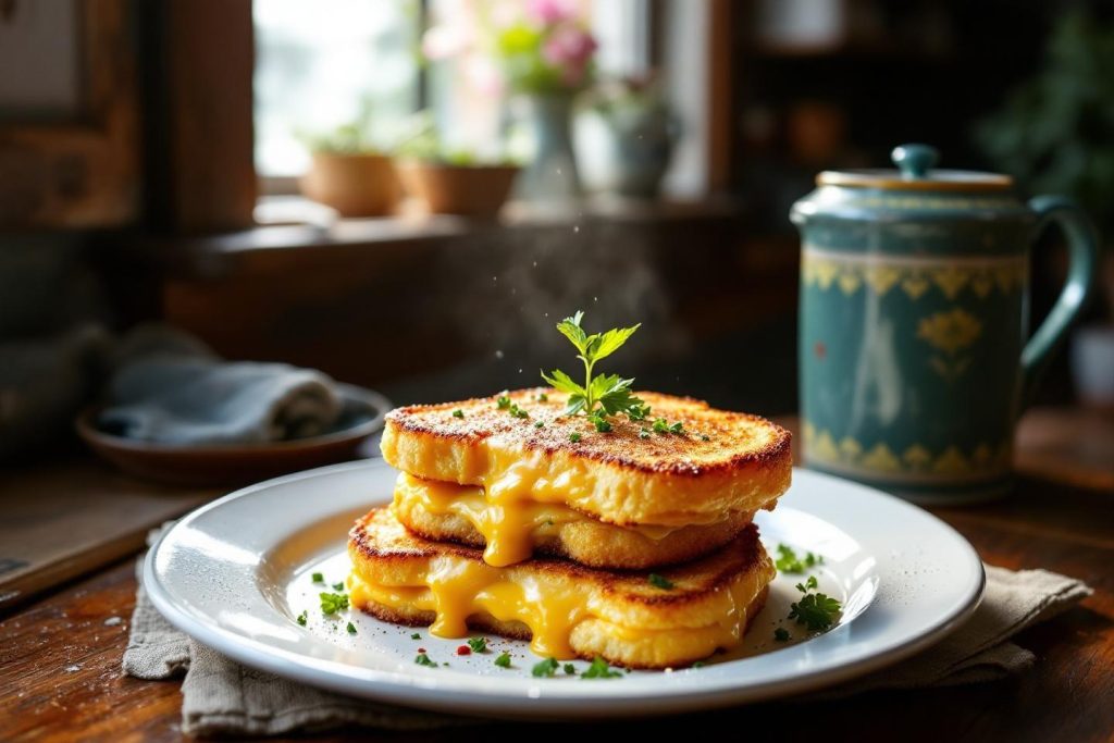 Sandwich grillé doré avec fromage coulant et herbes fraîches