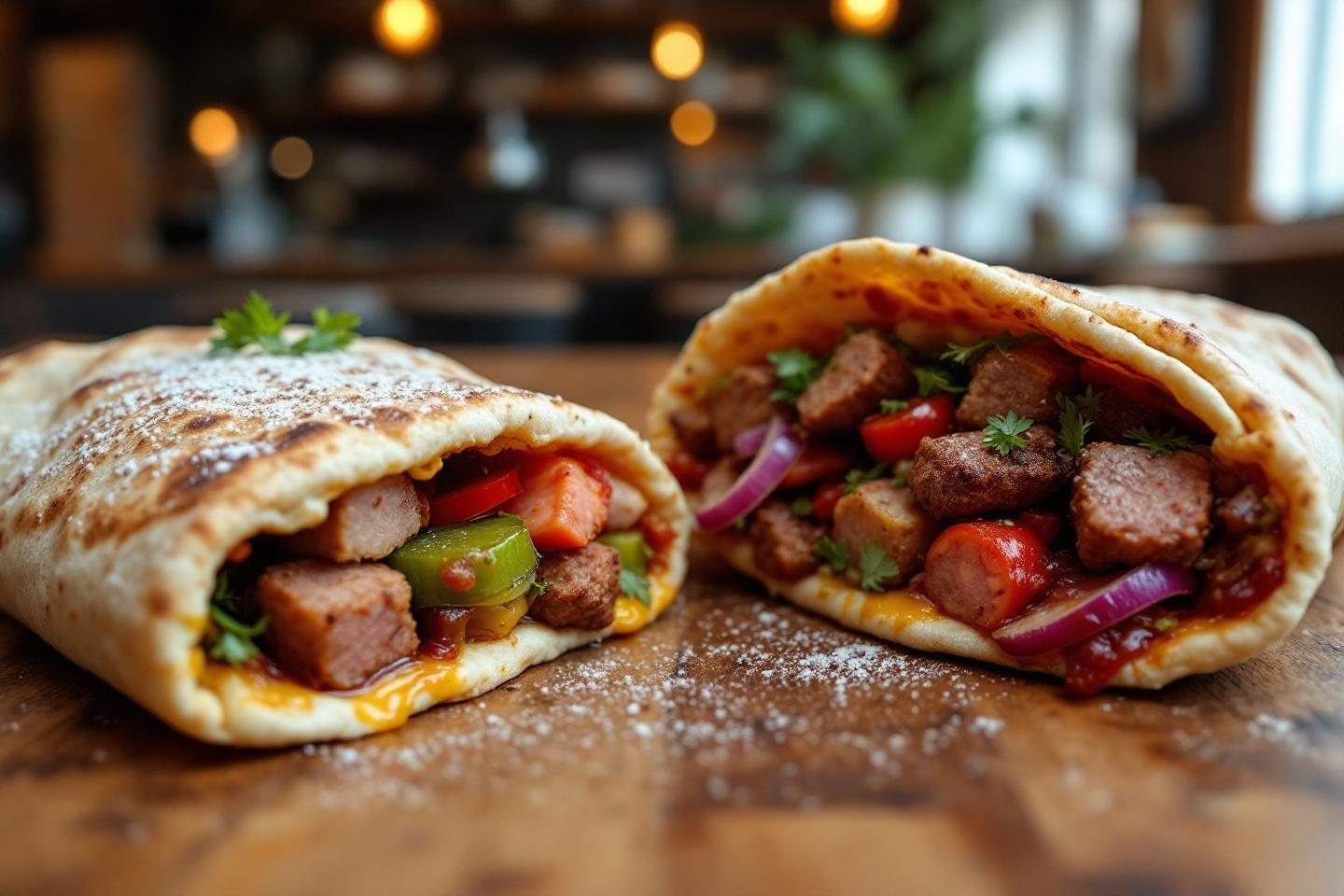 Deux wraps chargés de saucisses, légumes et herbes fraîches