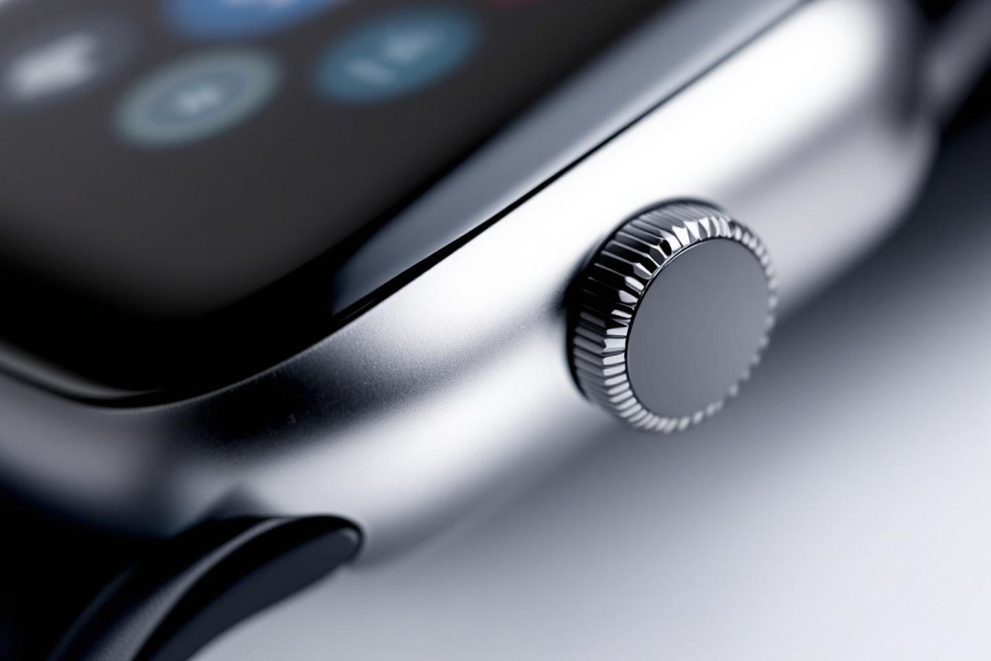 Gros plan sur la molette latérale d'une smartwatch métallique