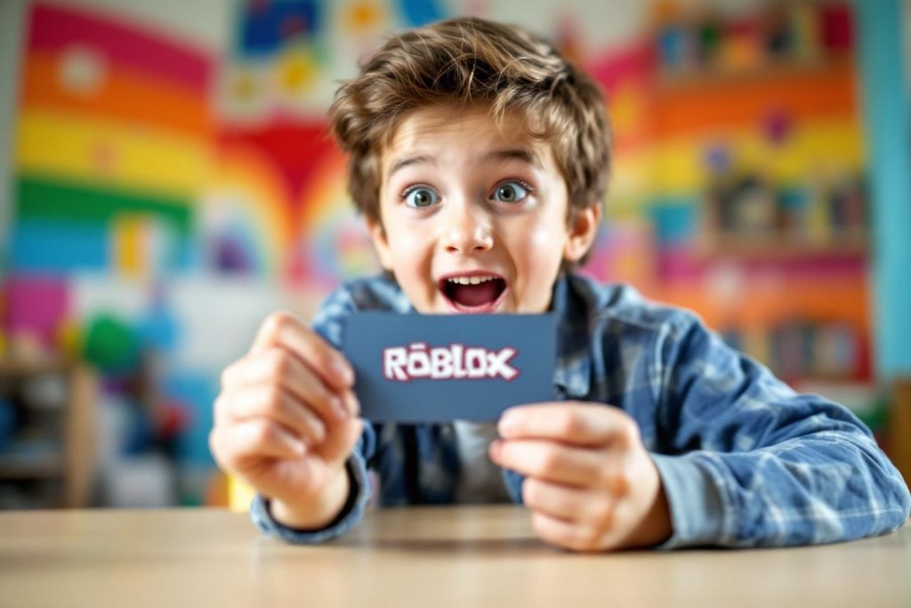 Jeune garçon souriant tenant une carte Roblox sur fond coloré