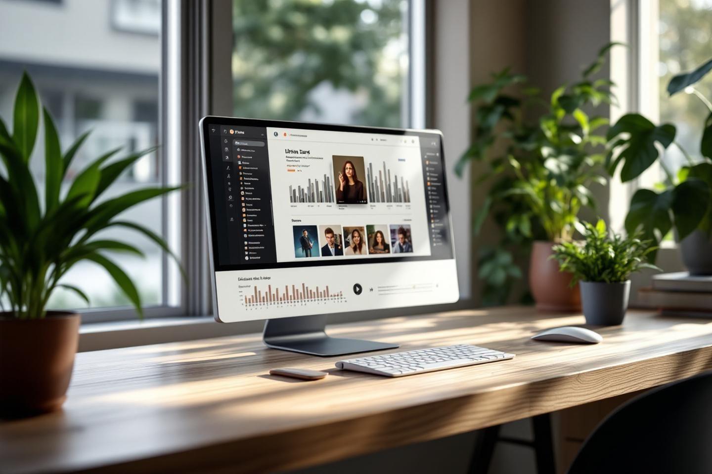Bureau avec écran, clavier et plantes près de la fenêtre