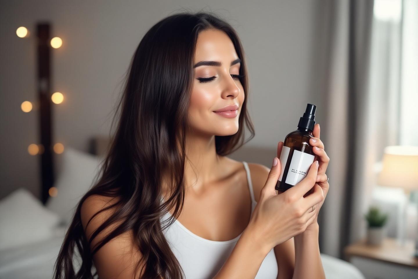 Femme aux longs cheveux noirs avec un flacon de parfum