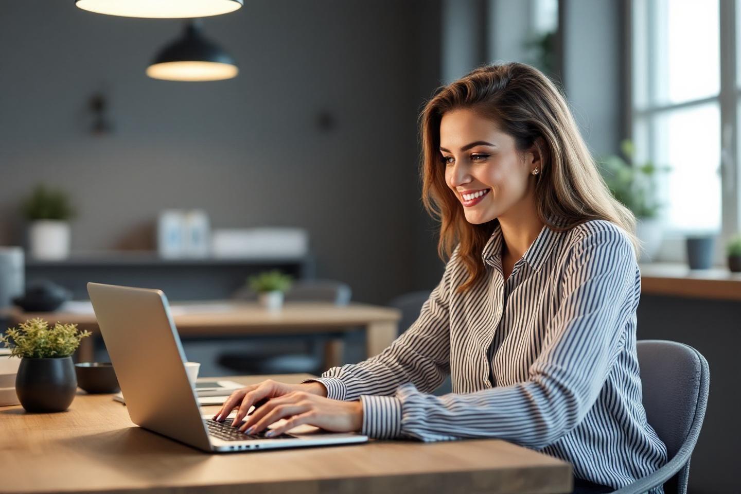 Professionnelle souriante tapant sur un ordinateur portable au bureau