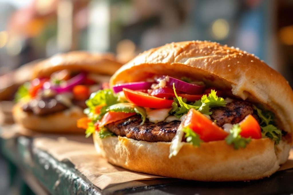 Burger savoureux avec viande, légumes frais et pain doré