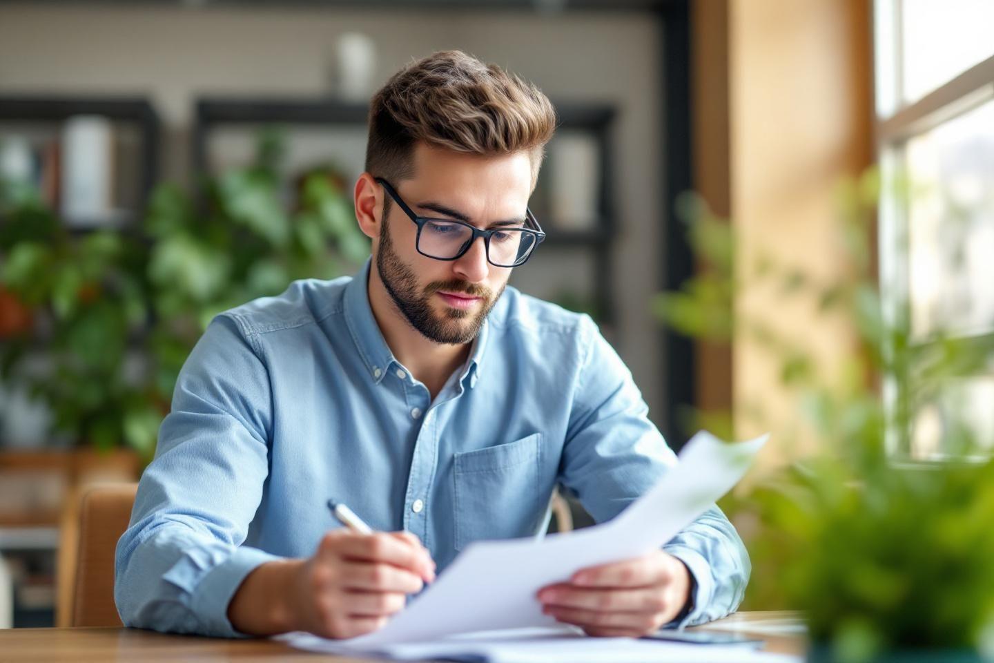 Employé concentré lisant et écrivant des documents dans un bureau