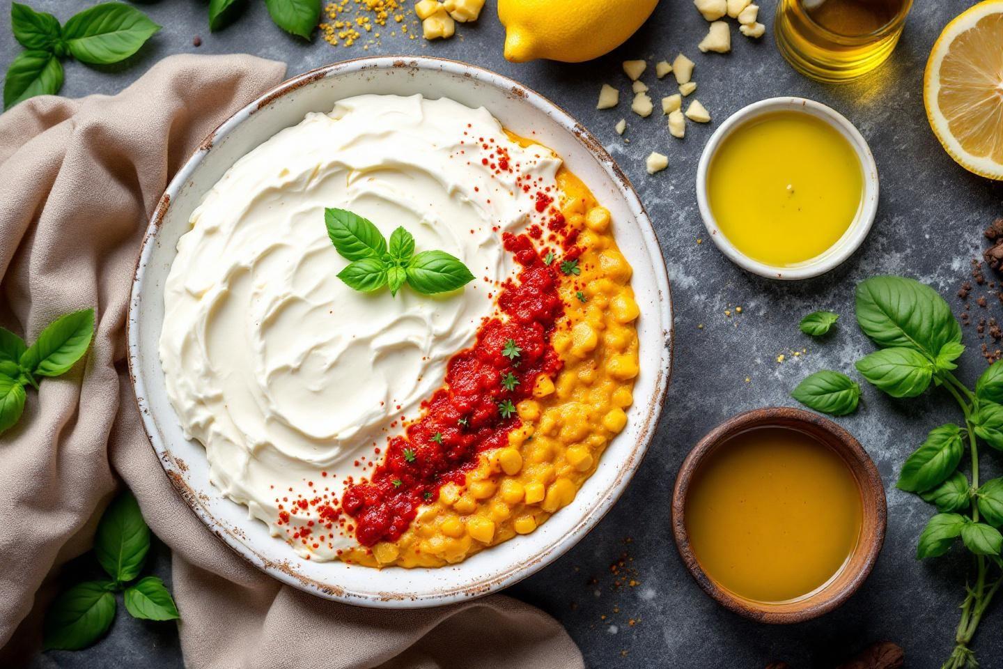 Bol de houmous blanc, rouge et jaune avec basilic