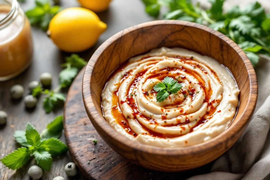 Bol en bois de houmous avec sauce et feuilles de menthe