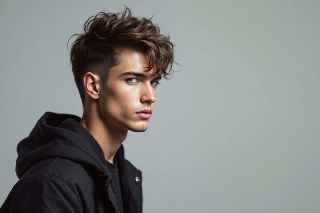Portrait d'un homme élégant avec coiffure tendance et hoodie noir