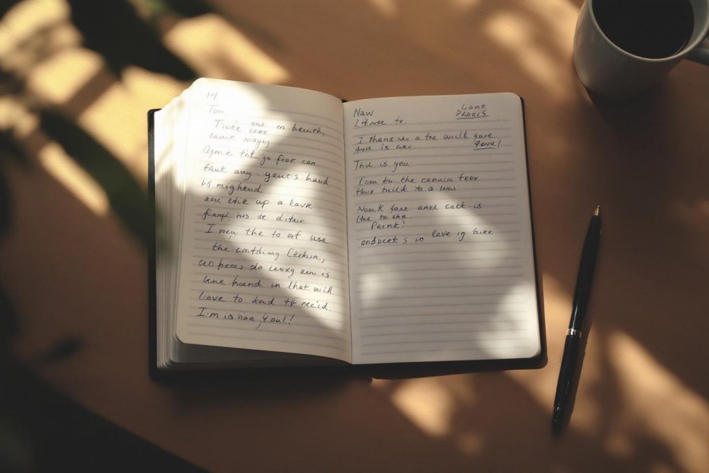 Pages manuscrites d'un carnet ouvert avec un stylo