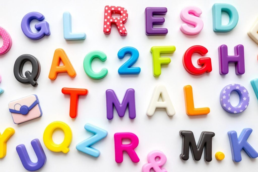 Collection de lettres alphabétiques multicolores disposées en désordre