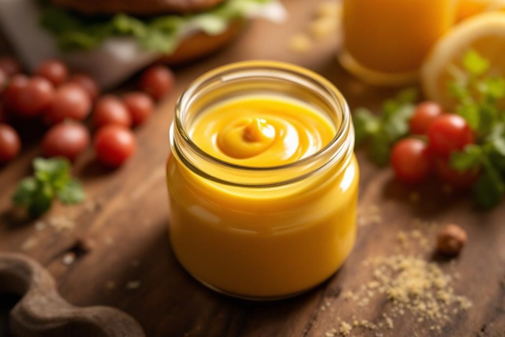 Pot de moutarde jaune vif sur planche en bois avec tomates