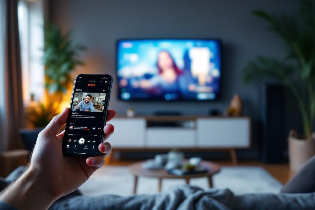 Main tenant un smartphone Netflix avec TV en arrière-plan