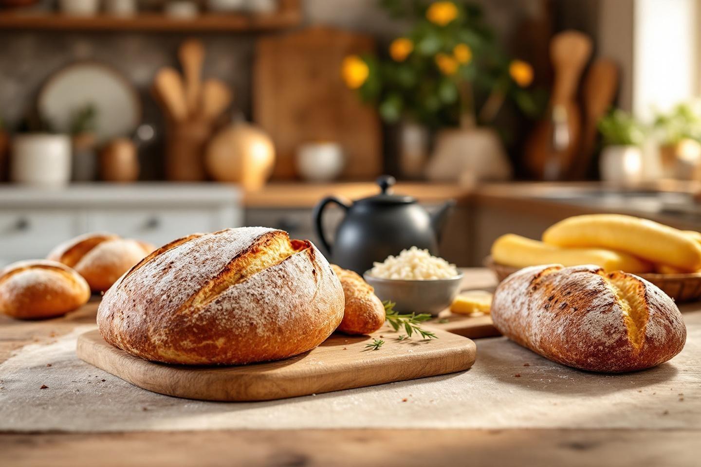 Pains dorés fraîchement cuits sur planche en bois avec ustensiles