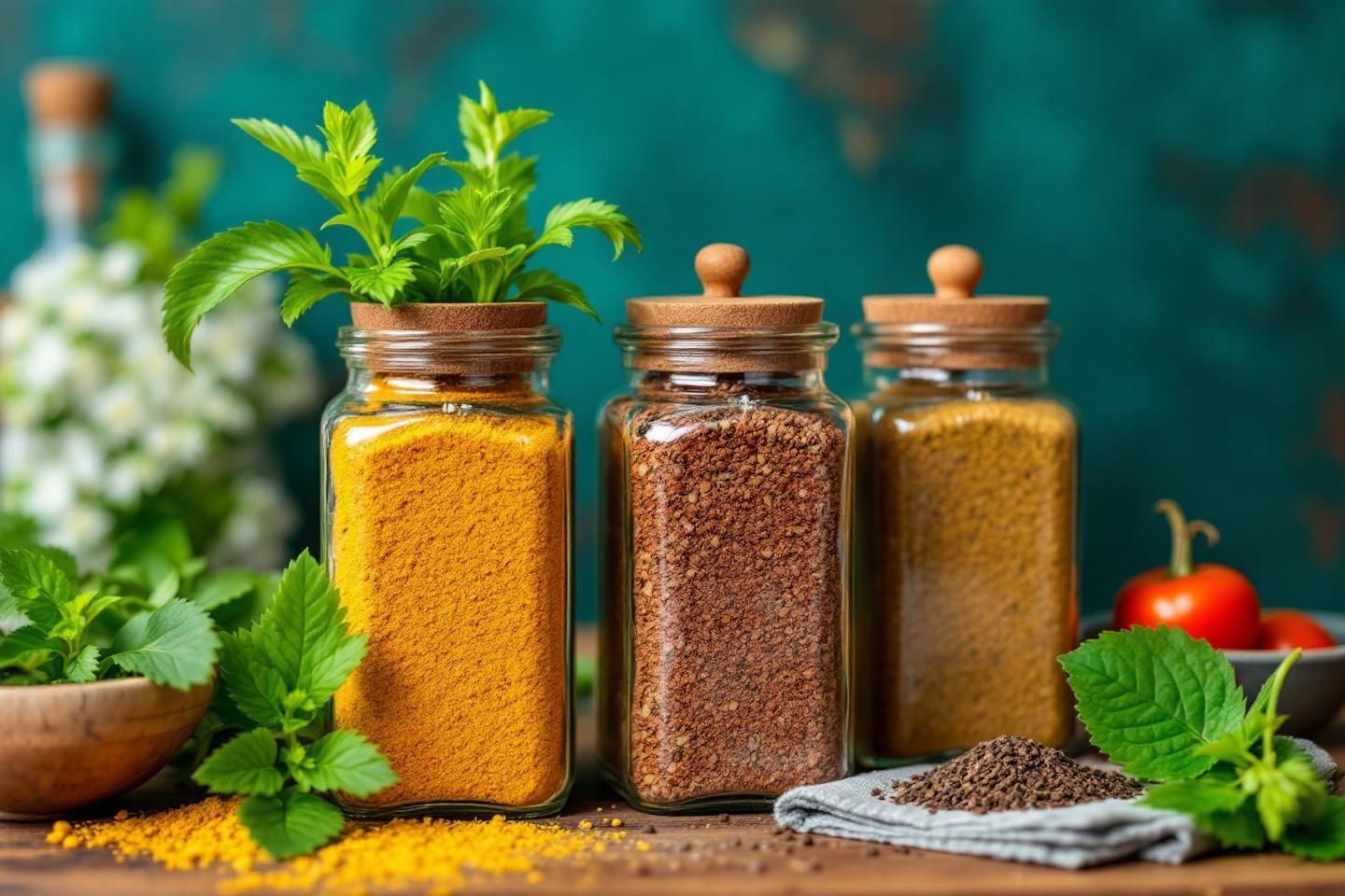 Trois bocaux de différentes épices avec des herbes fraîches
