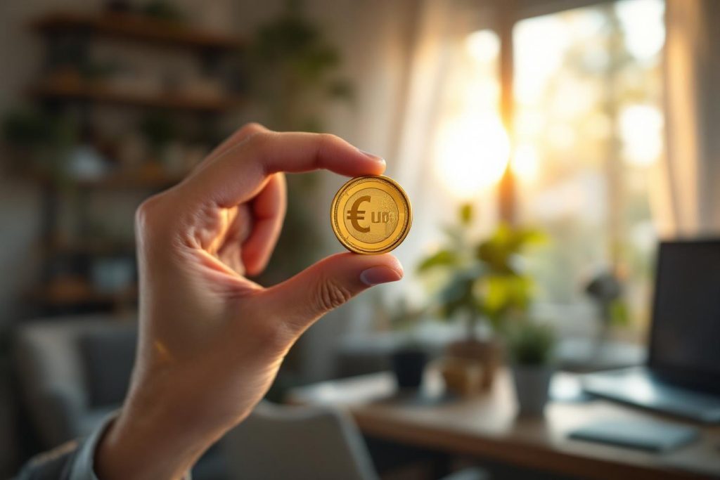 Main tenant une pièce dorée en euros près d'une fenêtre