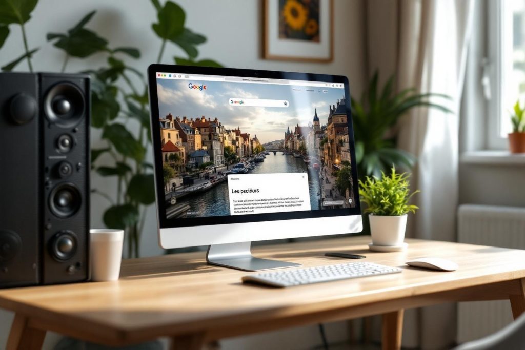 Ordinateur de bureau affichant Google, entouré de plantes et enceintes
