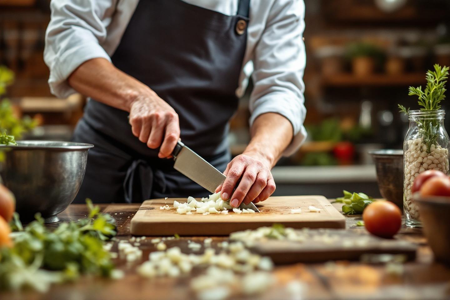 Chef coupant des oignons sur une planche en bois