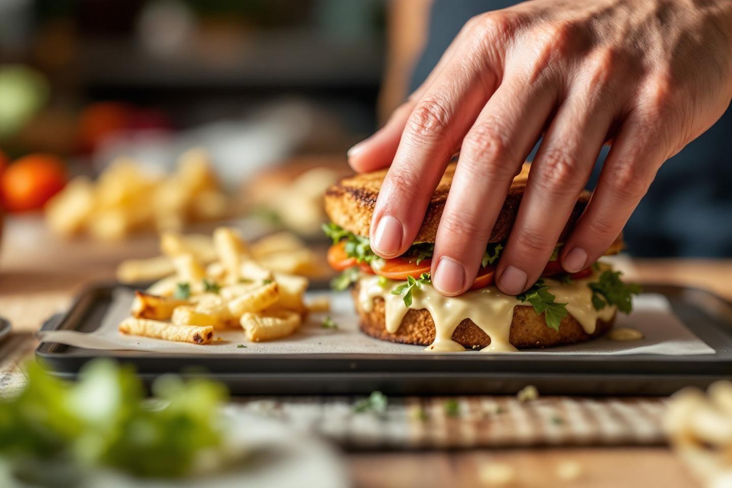 Main ajustant un sandwich avec frites sur une plaque