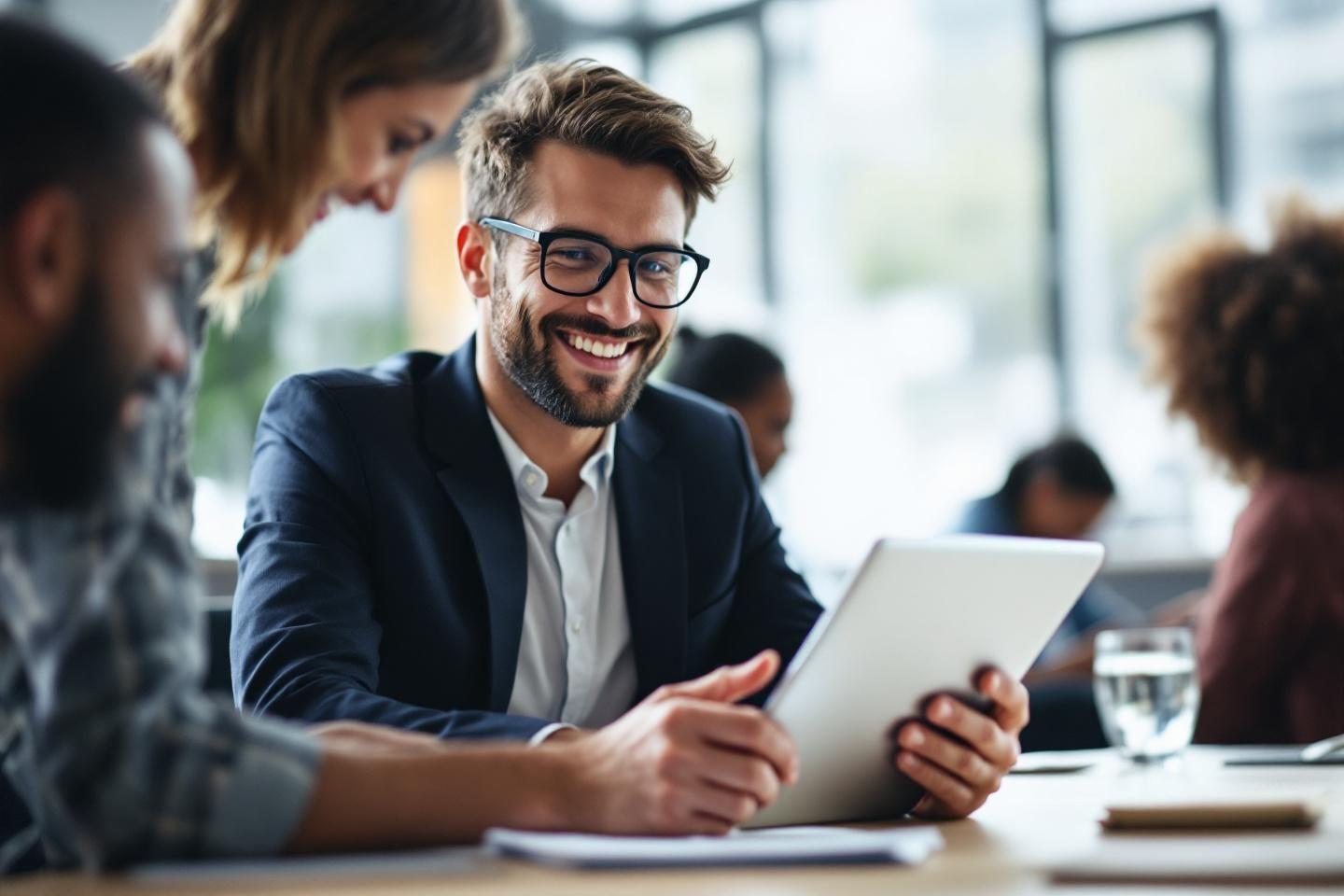 Homme d'affaires souriant lors d'une réunion avec collègues