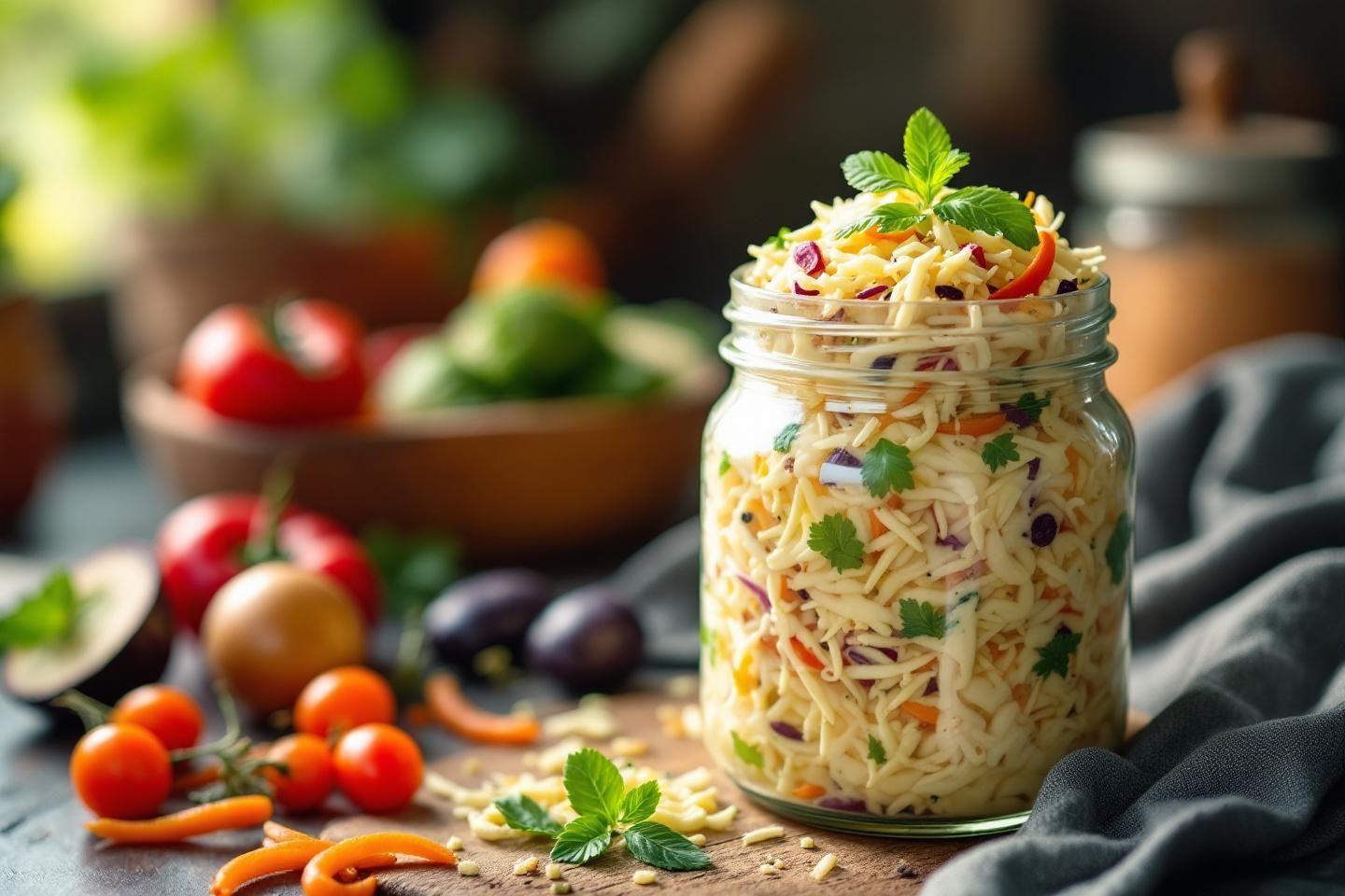 Bocal de pâtes fraîches avec légumes et herbes