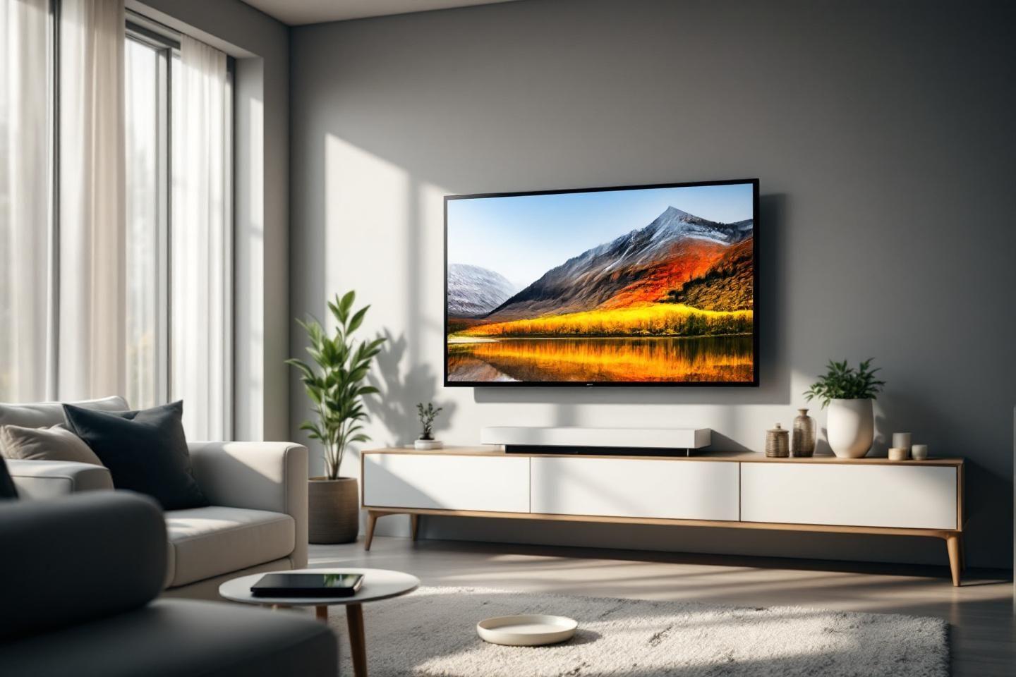 Intérieur lumineux avec écran plat et montagnes colorées