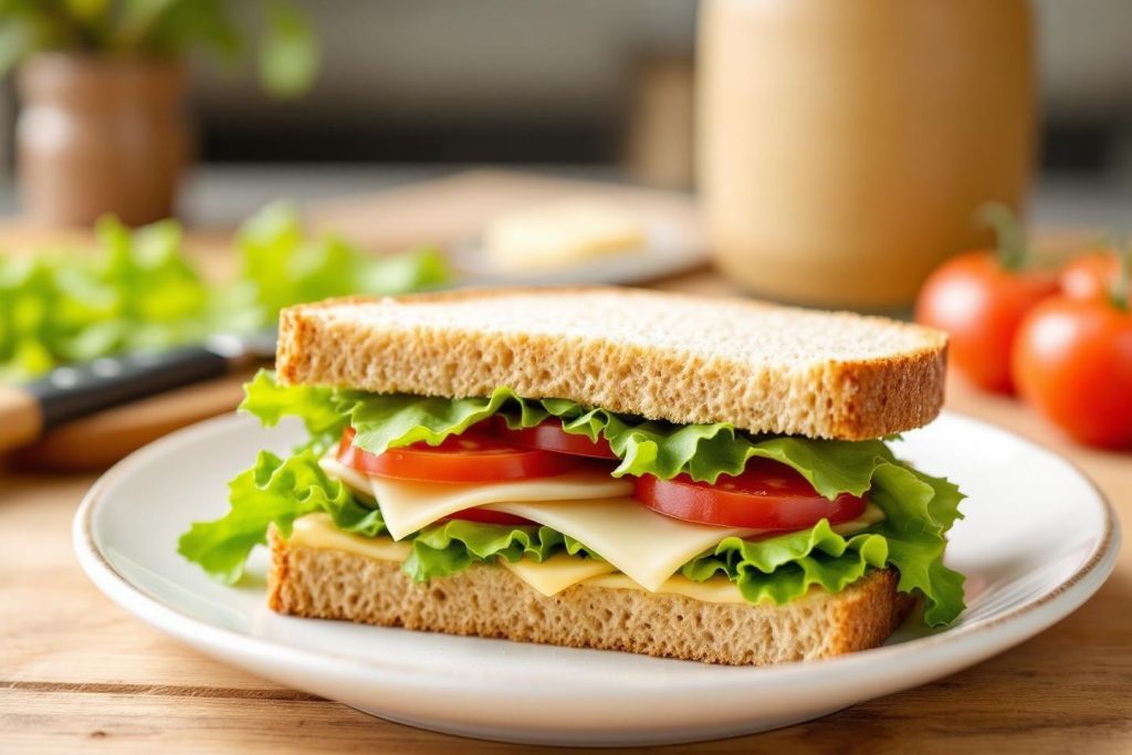 Sandwich avec fromage, laitue et tomates sur assiette blanche