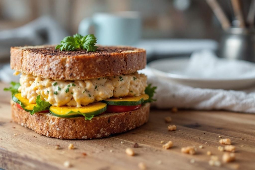 Sandwich aux œufs brouillés avec légumes frais sur pain grillé
