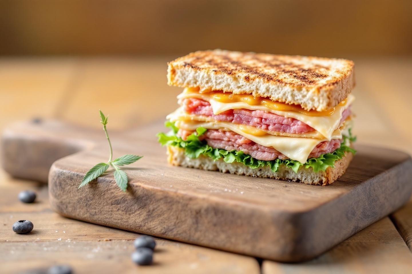 Sandwich épais avec viande, fromage, salade sur planche en bois