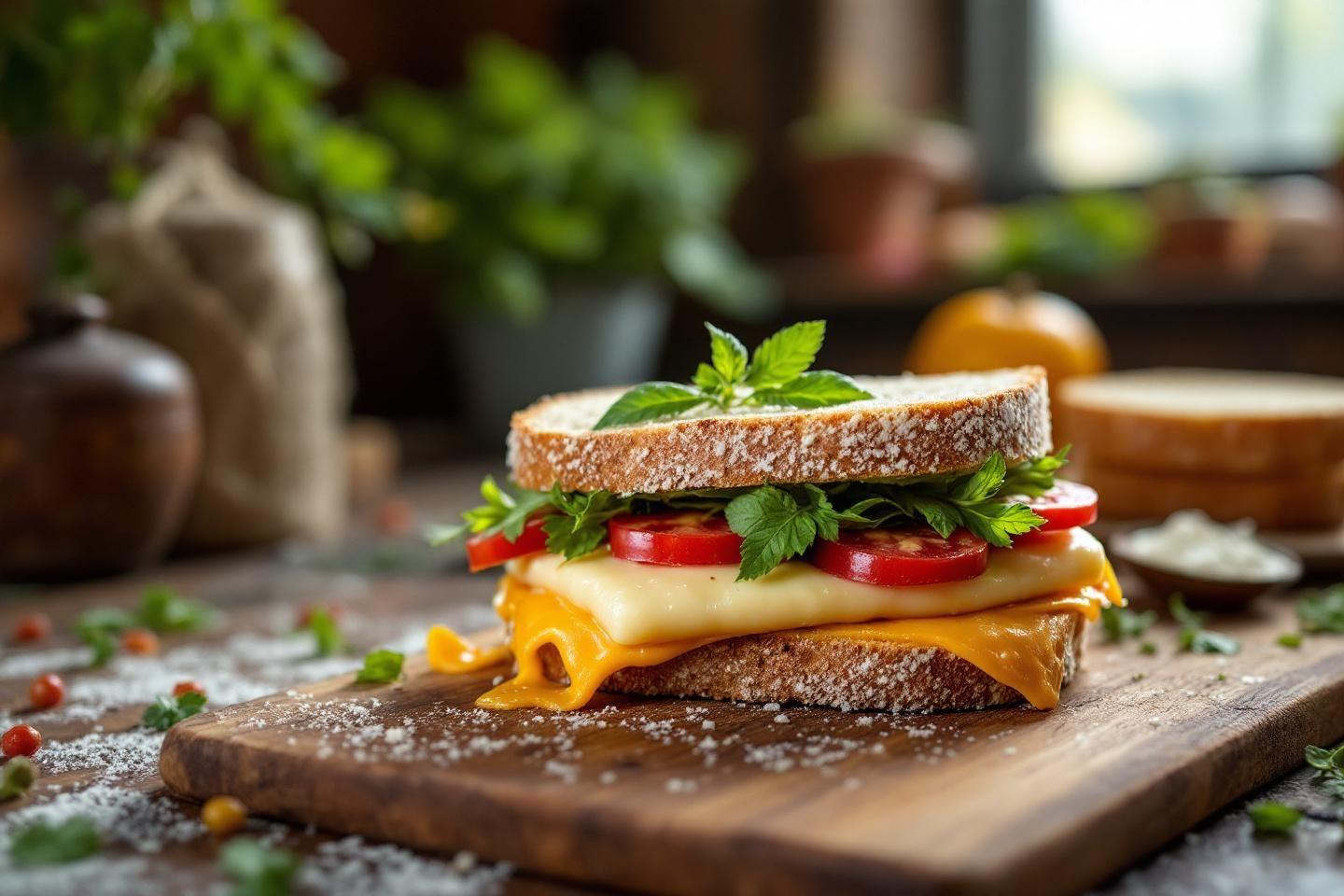 Sandwich grillé avec fromage, tomates et herbes fraîches