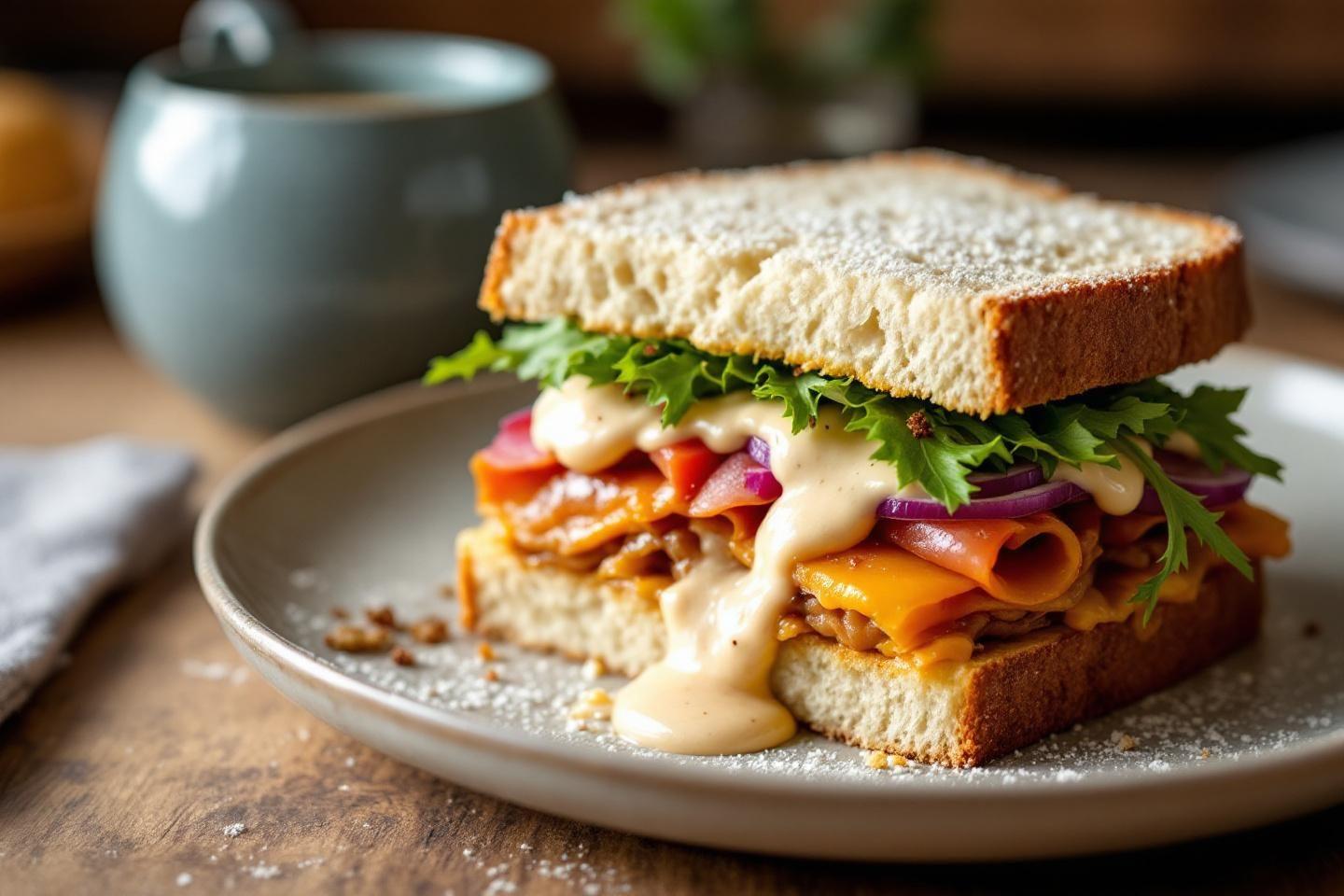 Sandwich avec légumes et sauce sur assiette rustique