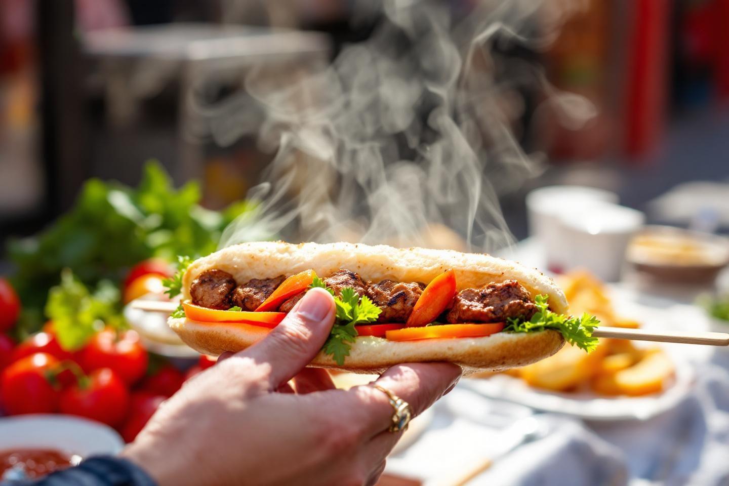 Sandwich chaud avec viande grillée et légumes colorés