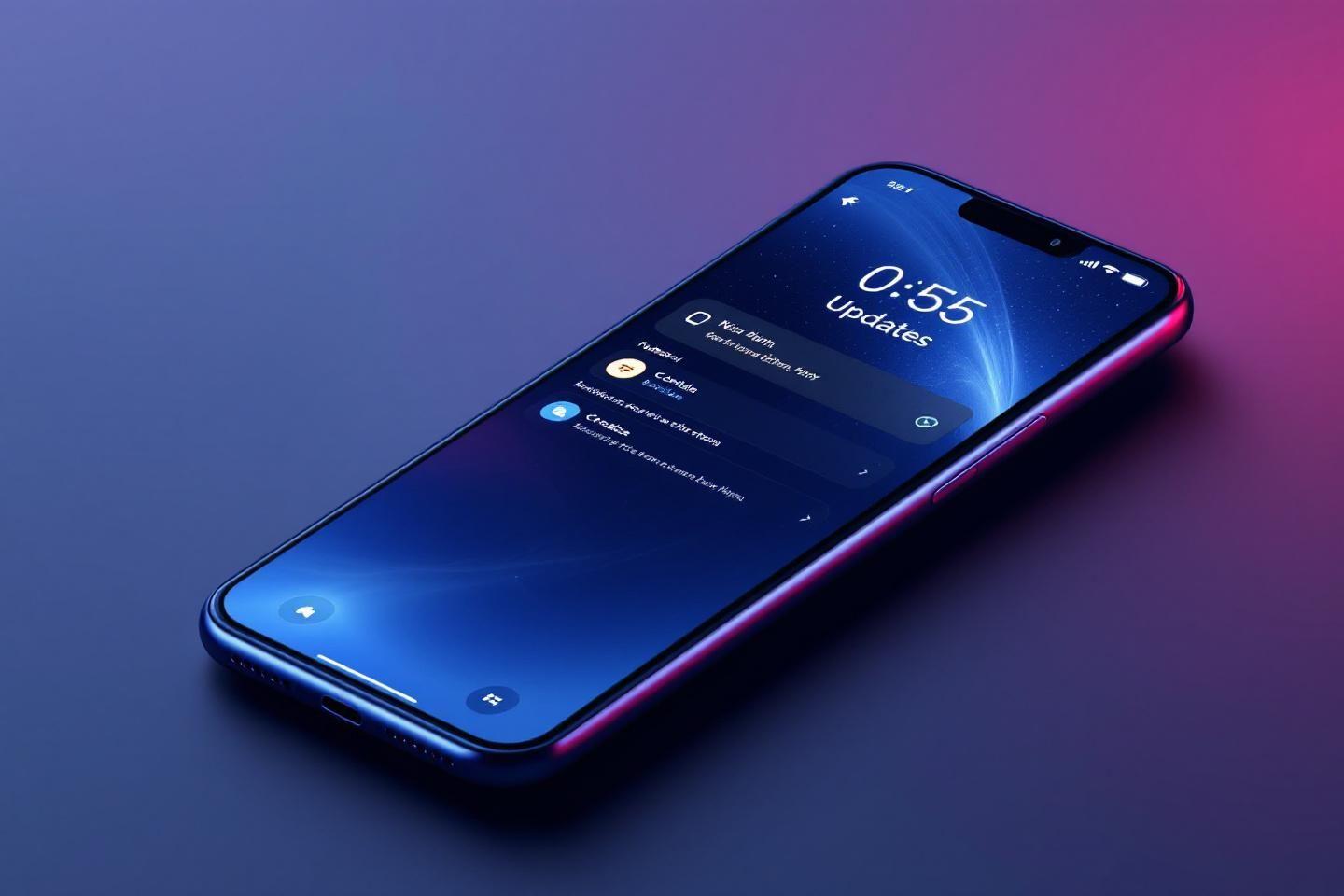Smartphone noir avec écran bleu affichant des mises à jour